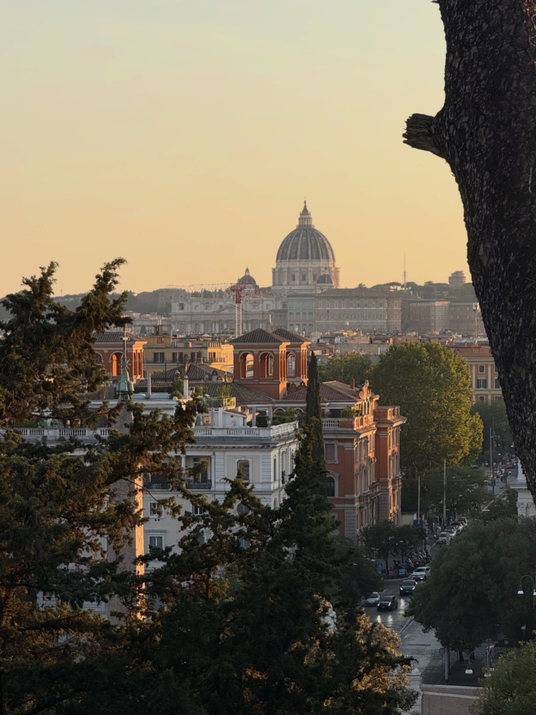 Rooftop view of St Peter's Basilica in Rome at golden hour.