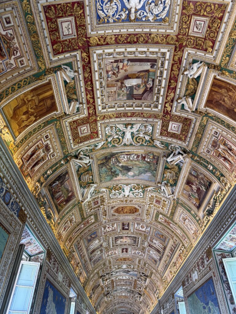 Intricate artwork on the ceiling at the Vatican Museum in Italy.