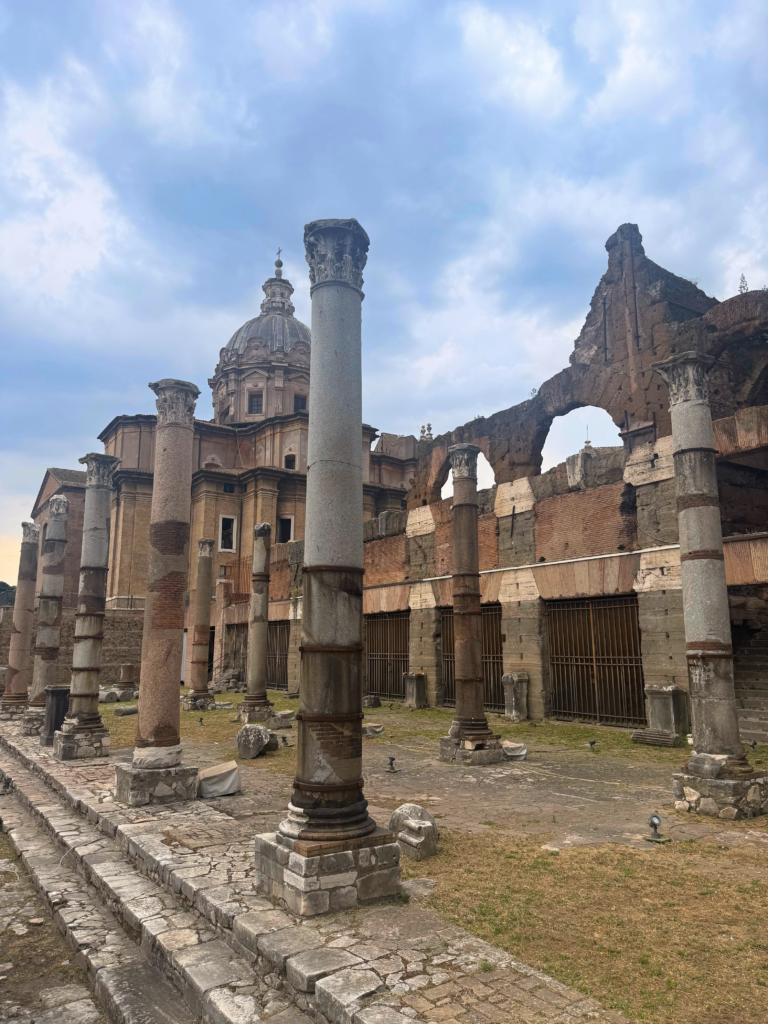 The Roman Forum with a row of columns lined up and no walls or roof. Fragments of buildings in the background.