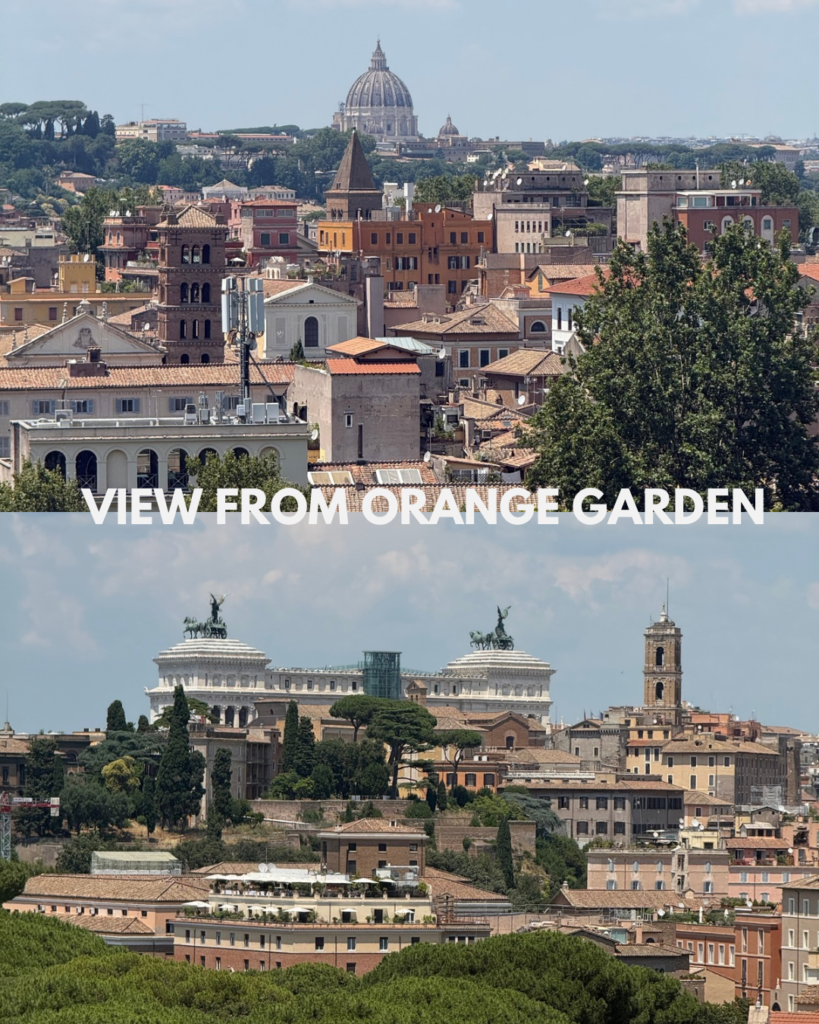 A split screen of two views from the Orange garden in Rome, Italy. The top view is of St Peter's Basilica, and the bottom view is of Victor Emmanuele II National Monument.